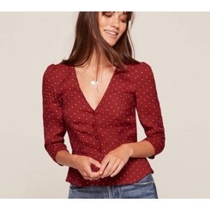 Reformation Sz 4 women's red white polka dot button up blouse